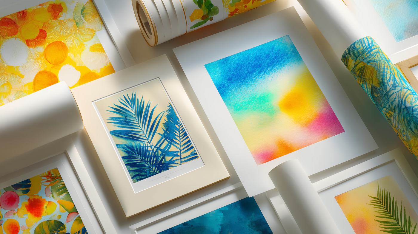 Colorful fine art prints and rolled canvas displayed together