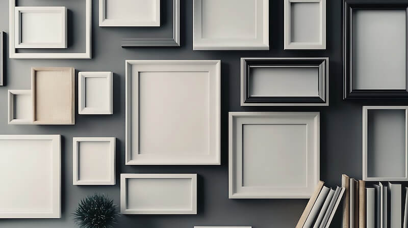 An assortment of empty frames for planning print sizes