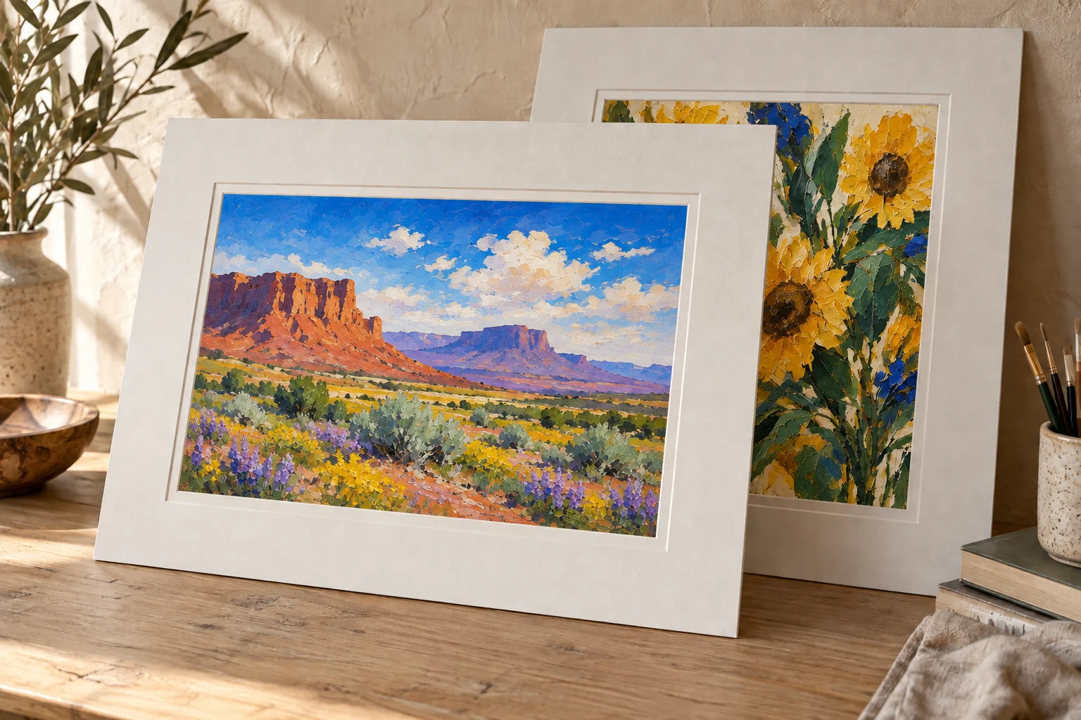 Illustrative landscape and botanical prints in white mats