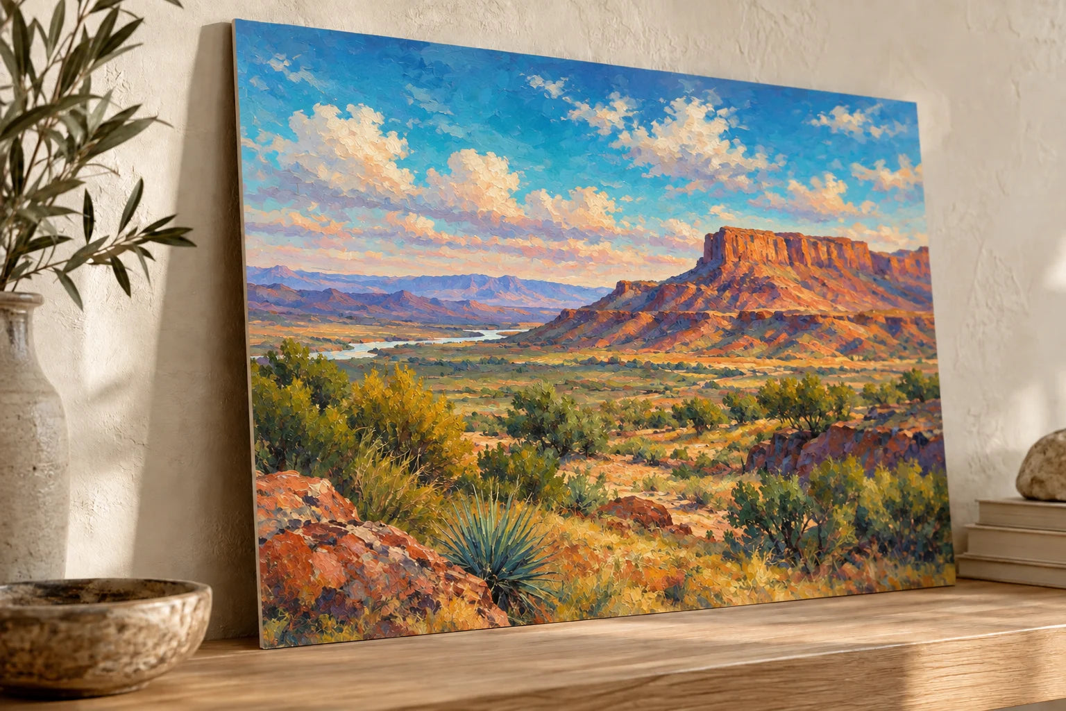 Illustrative mounted landscape print on a wood shelf