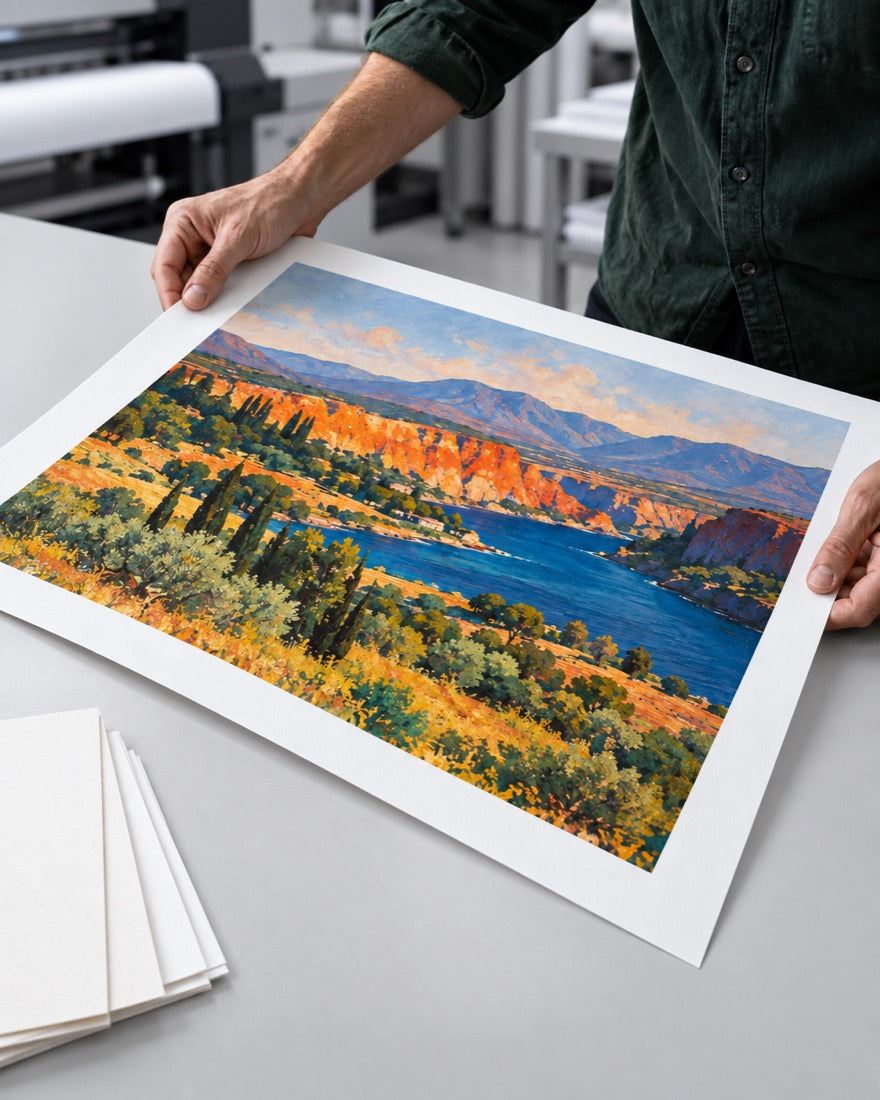 Generated concept photograph of hands inspecting a colorful fine-art print at a clean commercial print-production bench