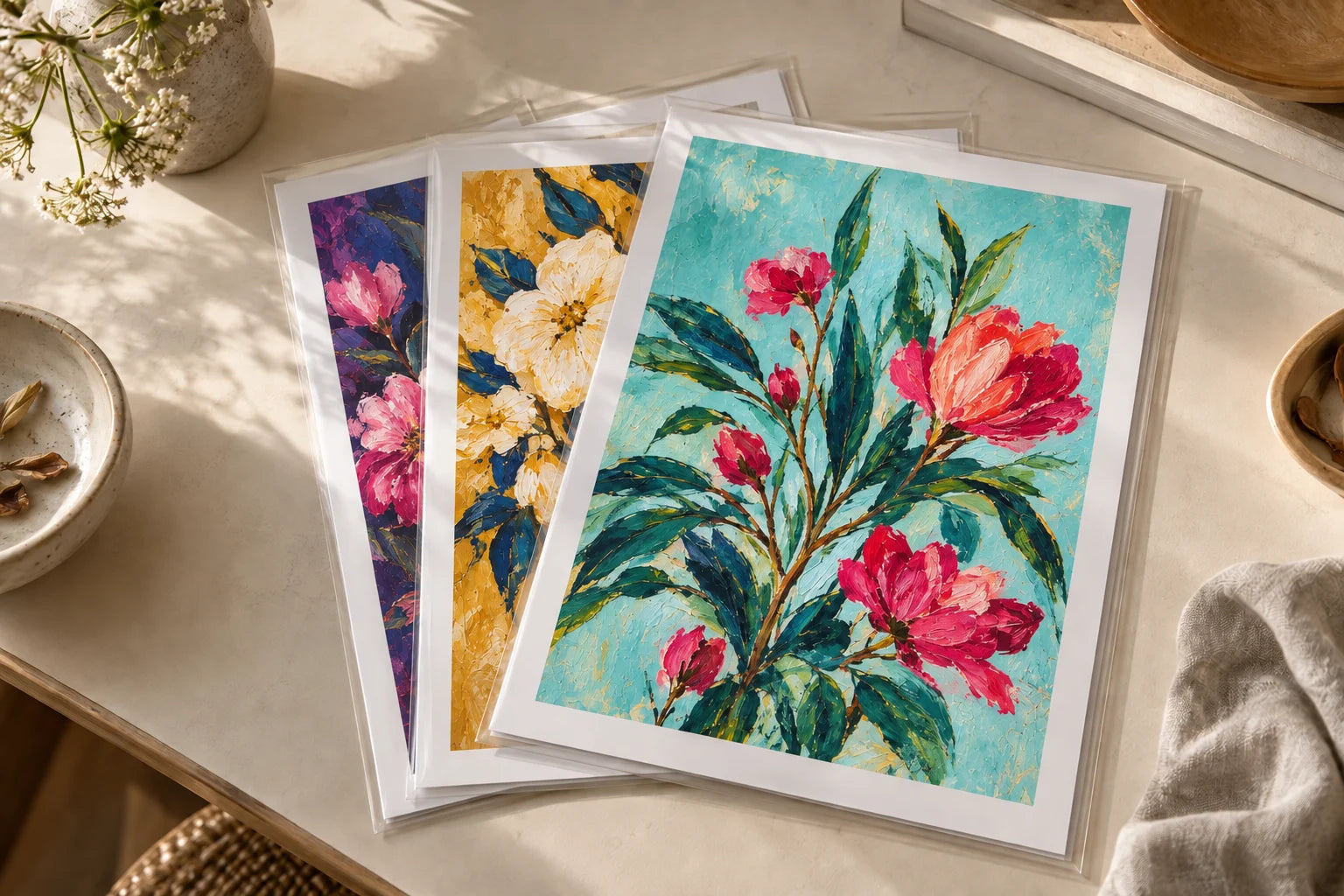 Illustrative prints with archival backing in protective sleeves