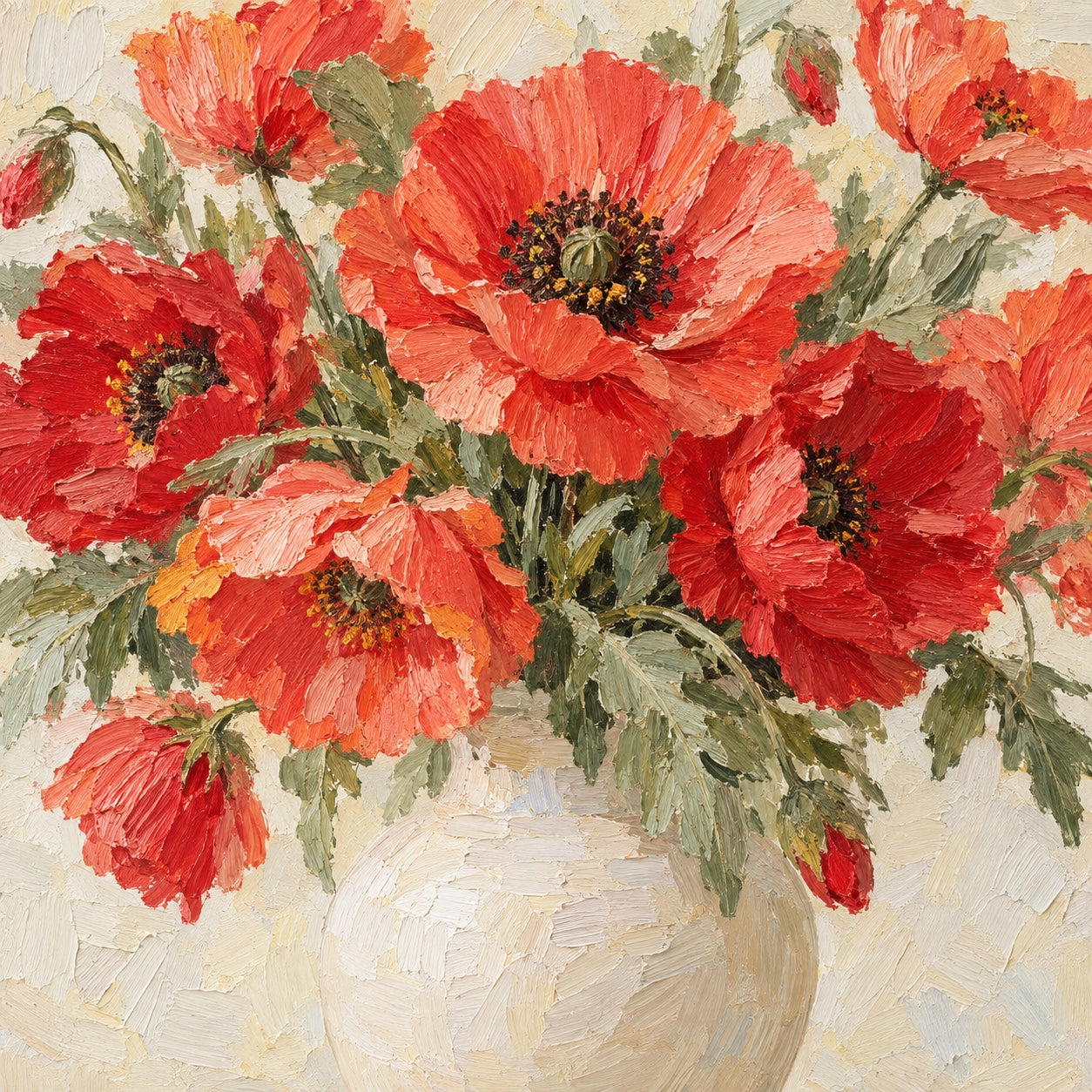 Coral poppies in a cream vase, textured oil painting