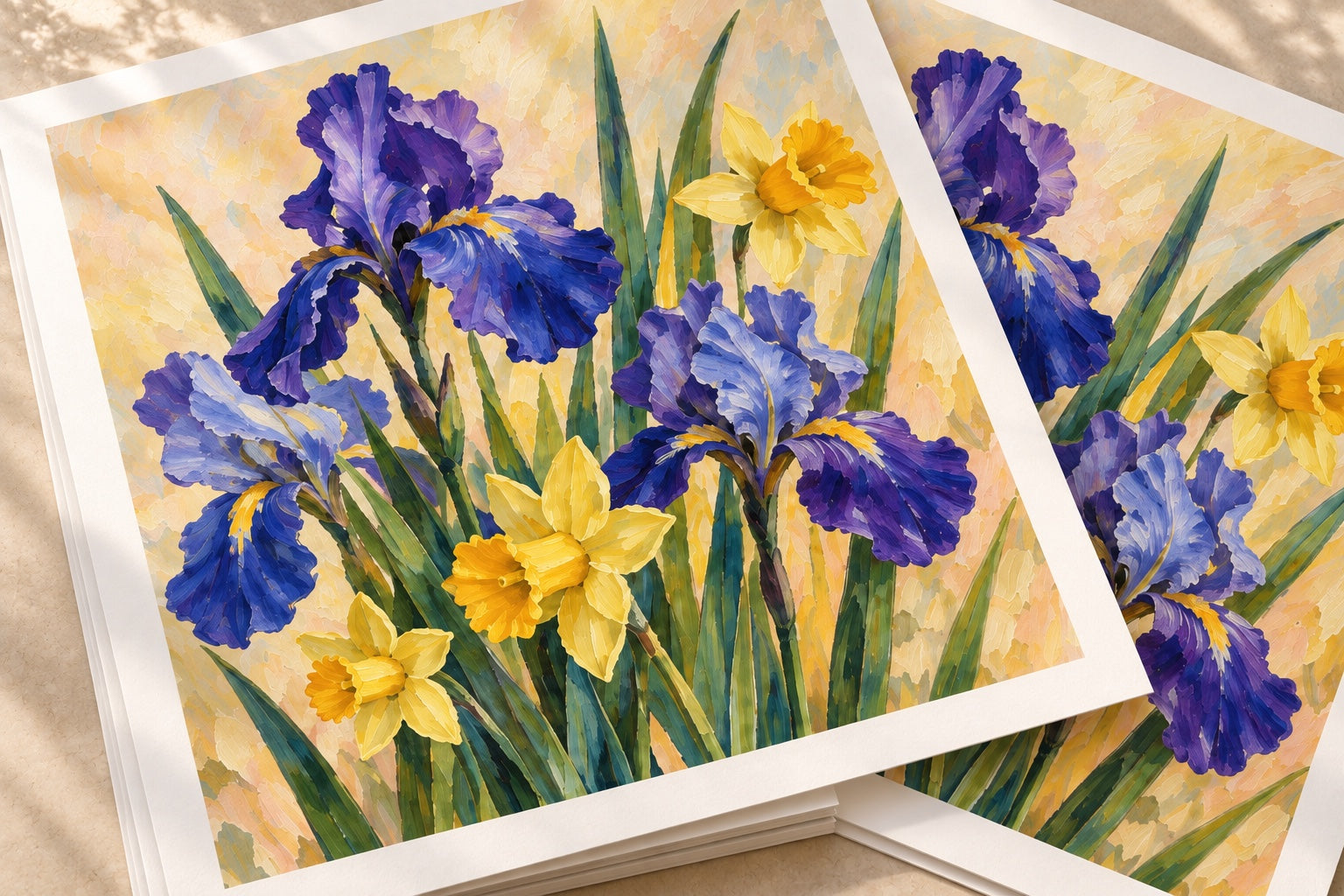 Close overhead view of overlapping fine art prints featuring violet irises and yellow daffodils