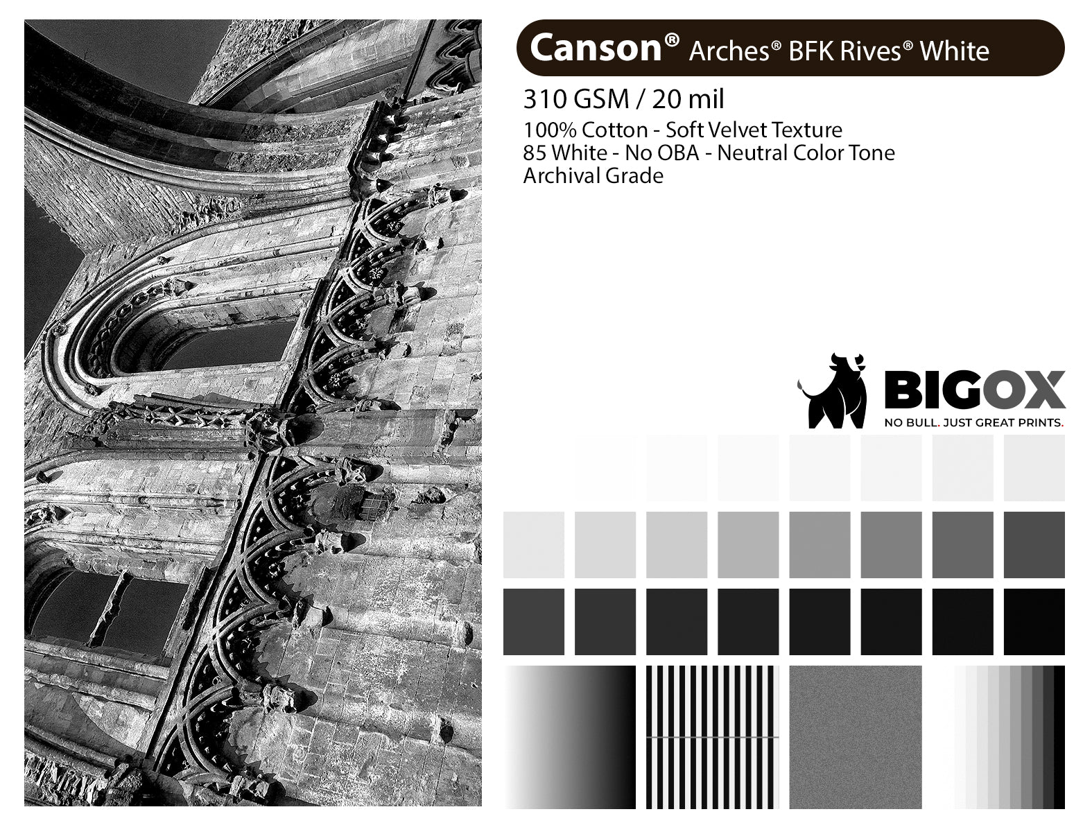 BigOx black-and-white paper sample with architecture, grayscale patches, and detail patterns